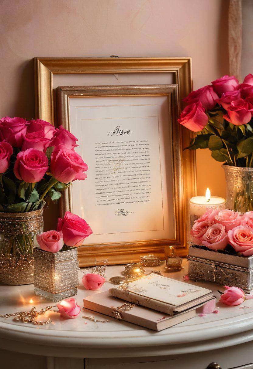 A beautifully arranged display of romantic gifts including handwritten love letters, elegant jewelry, and personalized photo frames. Soft, warm lighting creates an intimate atmosphere, while a background of blooming roses symbolizes love. Add subtle hints of glitter and a vintage aesthetic to evoke nostalgia. super-realistic. vibrant colors. soft focus.