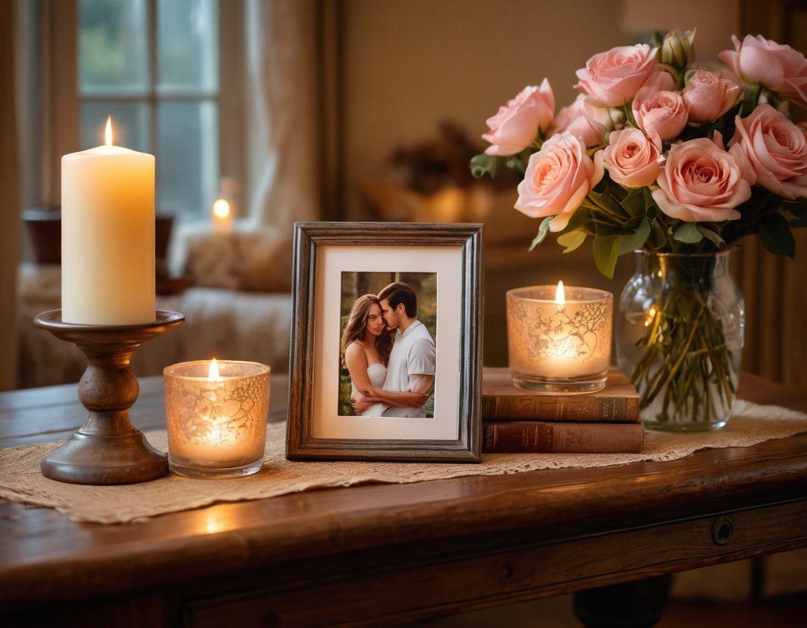 A beautifully arranged display of heartfelt souvenirs, such as handcrafted trinkets, elegant photo frames, and personalized gifts, gracefully laid out on a rustic wooden table. Soft, warm lighting enhances the atmosphere, with delicate floral accents surrounding the items, symbolizing cherished relationships. The background features a softly blurred cozy living space, inviting an emotional connection. elegant and inviting. warm tones. soft focus.